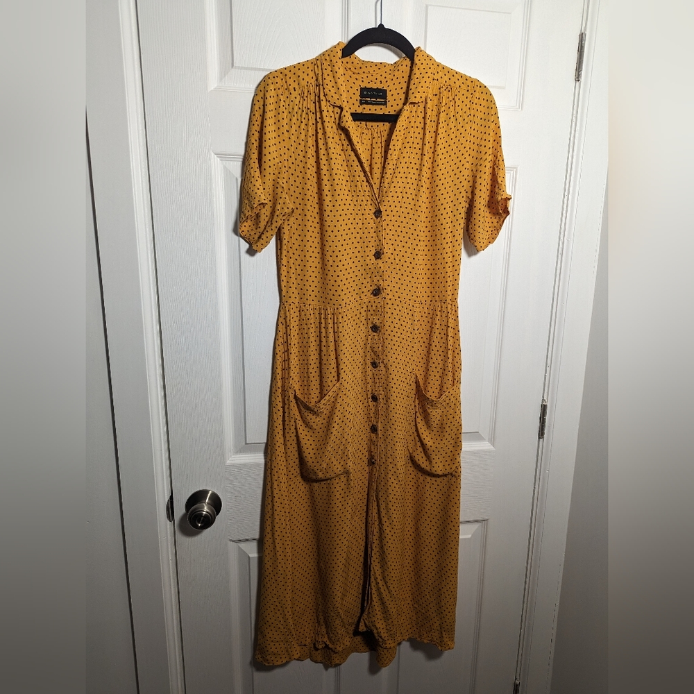 Vintage Style Mustard Midi Dress polka dotted